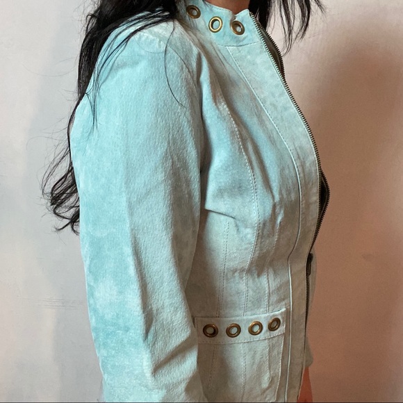 VINTAGE RARE BLUE DYED 100% LEATHER RIVETED COAT - Picture 2 of 5